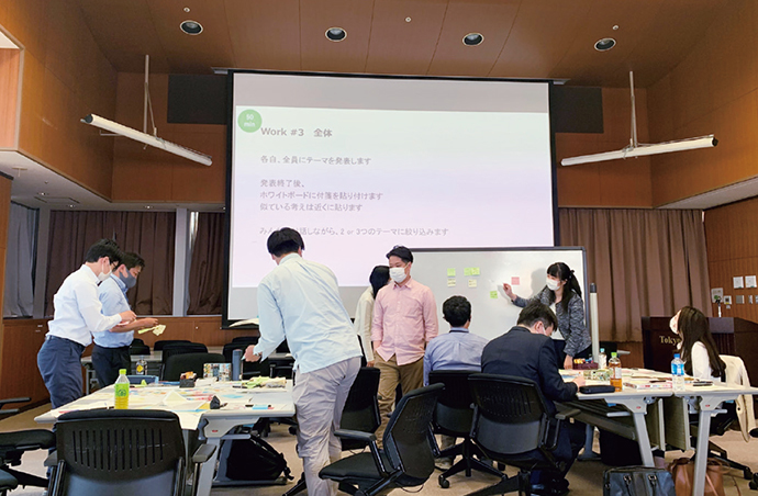 与东京工业大学未来社会DESIGN 机构 (DLab) 共同举办的“阿自倍尔未来指南针”研讨会。展望阿自倍尔的未来，计划并研究业务课题的解决方案和新业务的发展