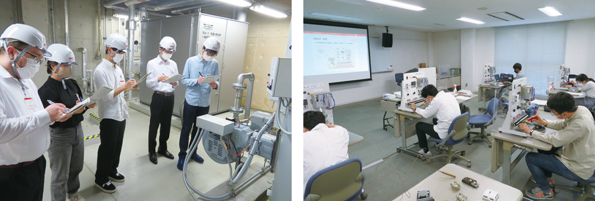 New employee training. The students looked at the structure of a boiler that produces hot water for air conditioning and the Azbil products that are installed in it (left), and learned about the basics of automatic control using actual equipment (right).